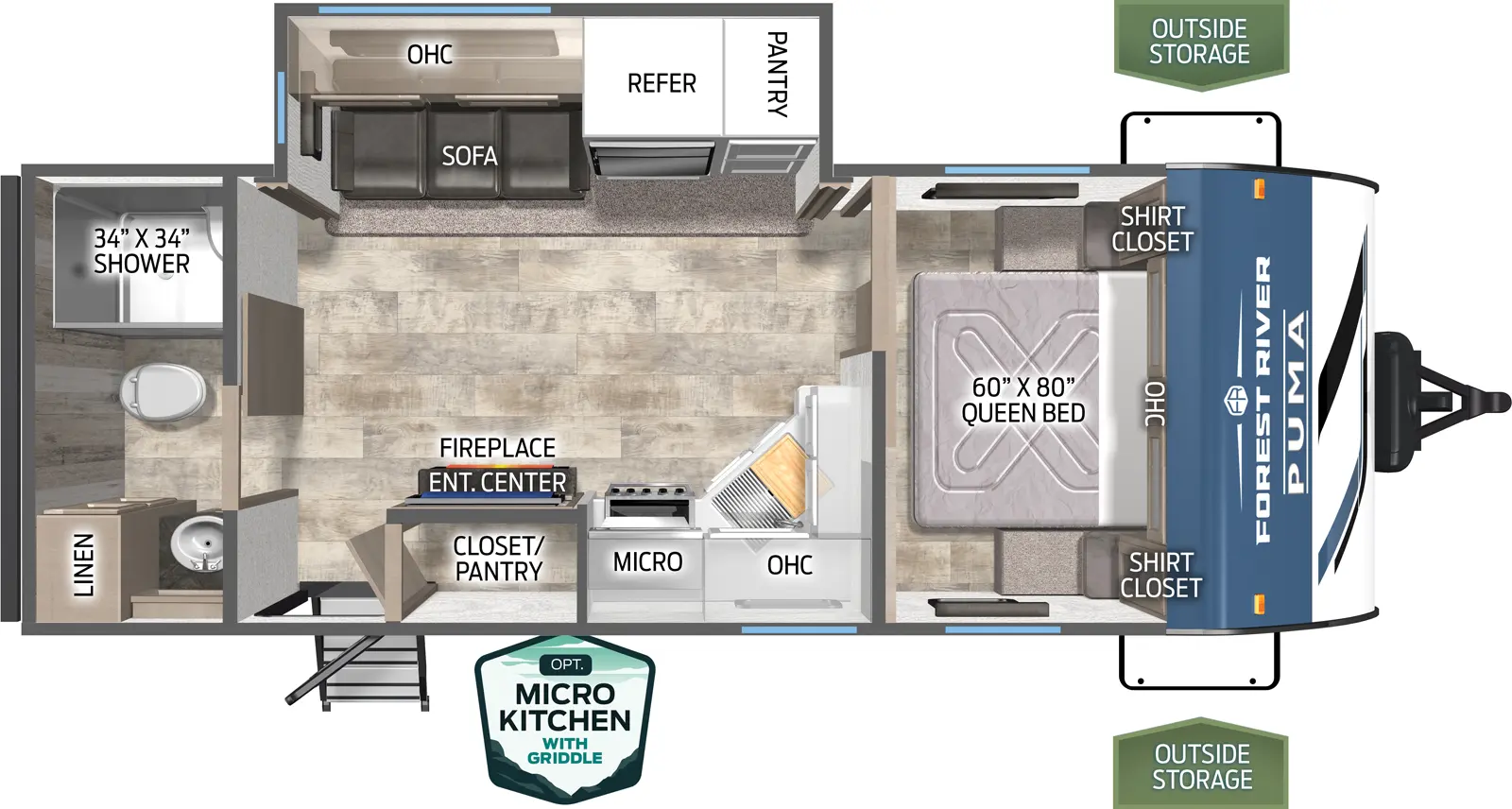 The Puma 229RB floorplan has one entry and one slide out. Exterior features include: metal exterior, 18' awning and outside kitchen. Interiors features include: front bedroom and rear bathroom.